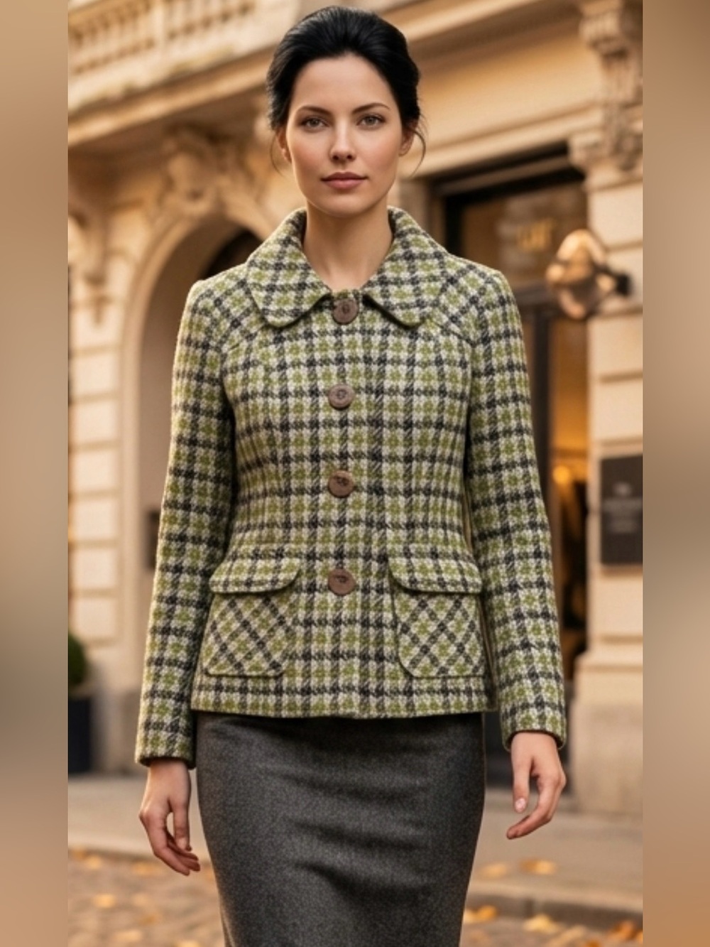 ambition Women’s Retro Green Plaid Houndstooth Big Button Blazer/Jacket